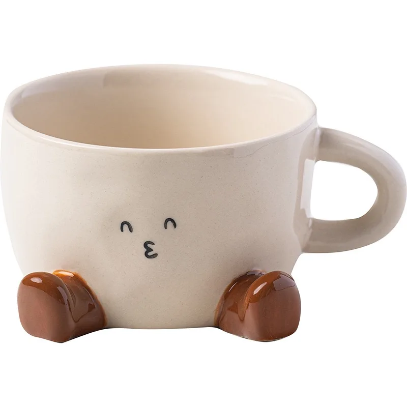 Cute 3D Little Feet Ceramic Coffee Mug Cartoon Smiley Face Irregular Porcelain Cup Home Office Breakfast Milk Water Cup Gift