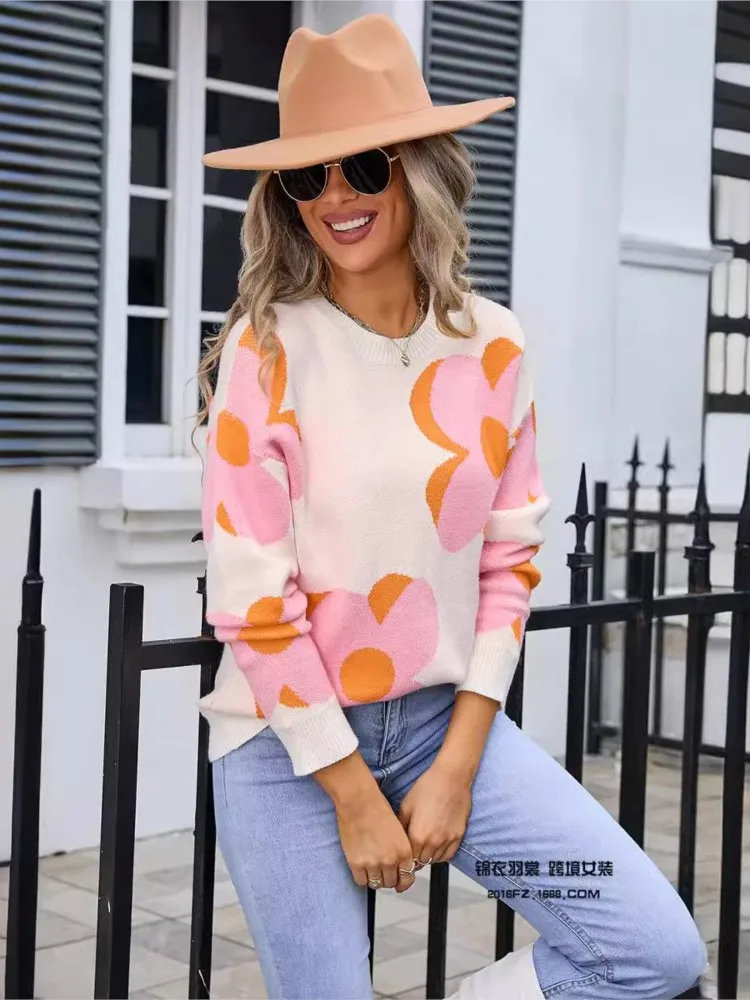 

Color Matching Knitted Pullover For Woman Flower Print O-neck Loose Sweater Autumn Winter New Ladies Long Sleeves Warm Sweaters