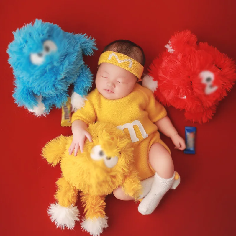 Gestrickte Neugeborenen Fotografie Outfits niedlichen Thema Stil Haarband Plüsch Puppe Kekse Süßigkeiten Baby Mädchen Junge Fotoshooting Zubehör