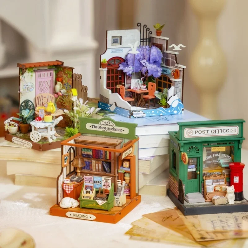 Robotime rolife DIY Miniature House Century Postoffice kit Sea Holiday Restaurant Muse Bookshop  Fancy Tea Yard kit for Adult