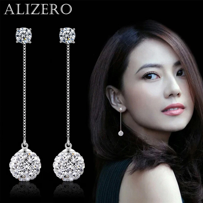 

ALIZERO 925 Sterling Silver Long Tassel Drop Earrings For Women Shambhala Crystal Earring Fashion Gorgeous Party Jewelry