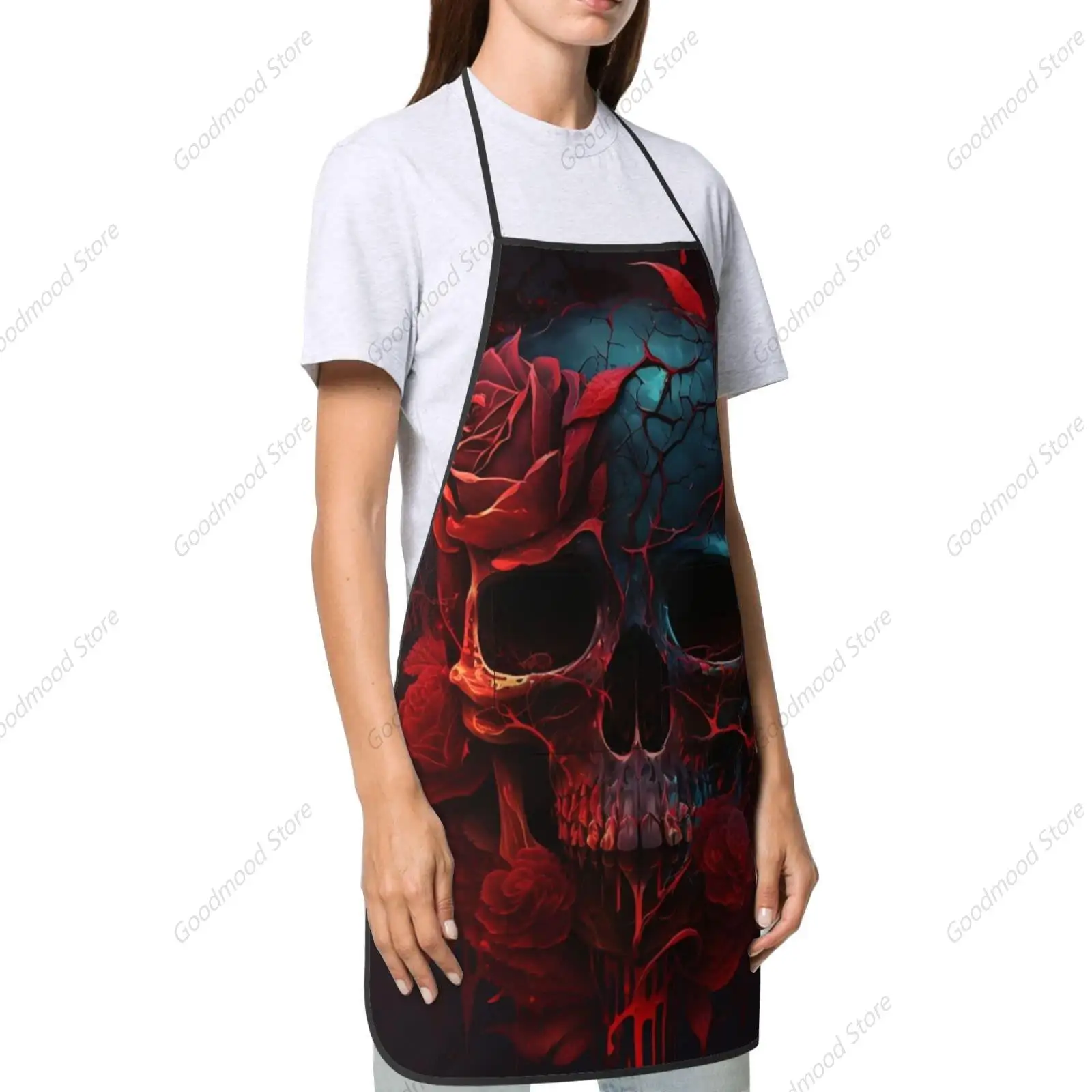 Cooking Apron with Pocket Waterproof Kitchen Bib Apron For Chef BBQ Baking Grill, blood rose skull art