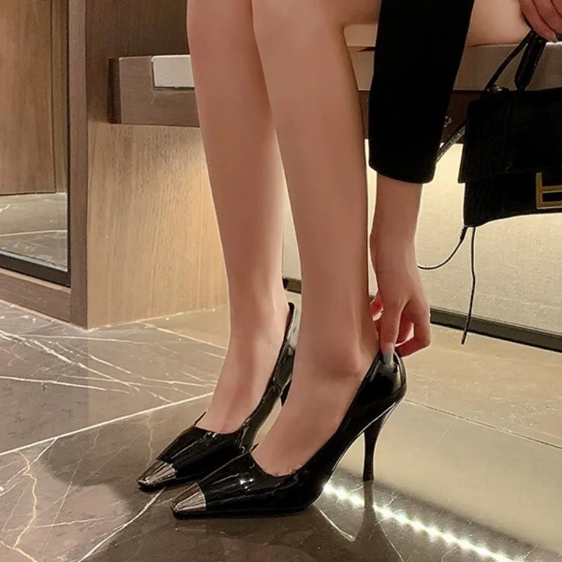Square Toe Women Metalic Shoes Patent Leather 2025 Sandals Ladies Black Heels Branded Pumps Latest African Fine Fashion Beige