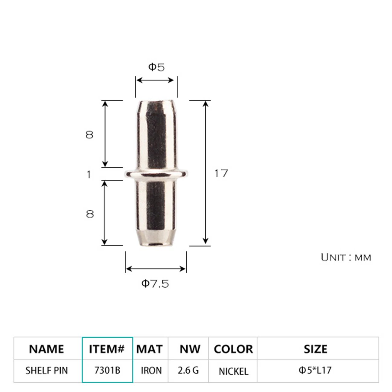Cabinet Bookcase etc furniture shelf support Nickel color Diameter 7 L35mm Iron metal Shelf Pin