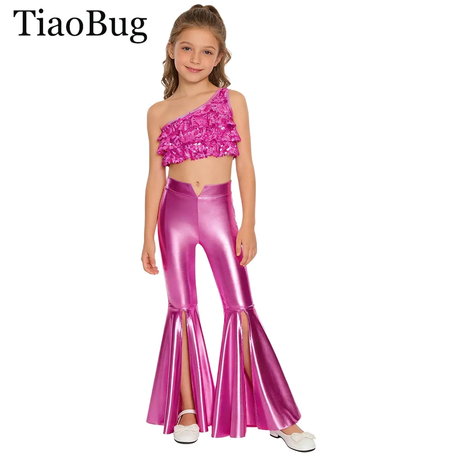 

Girls Metallic Disco Jazz Dance Outfits One Shoulder Sleeve Sequins Crop Top with Bell-Bottom Pants Pageant Set Hippie Costumes