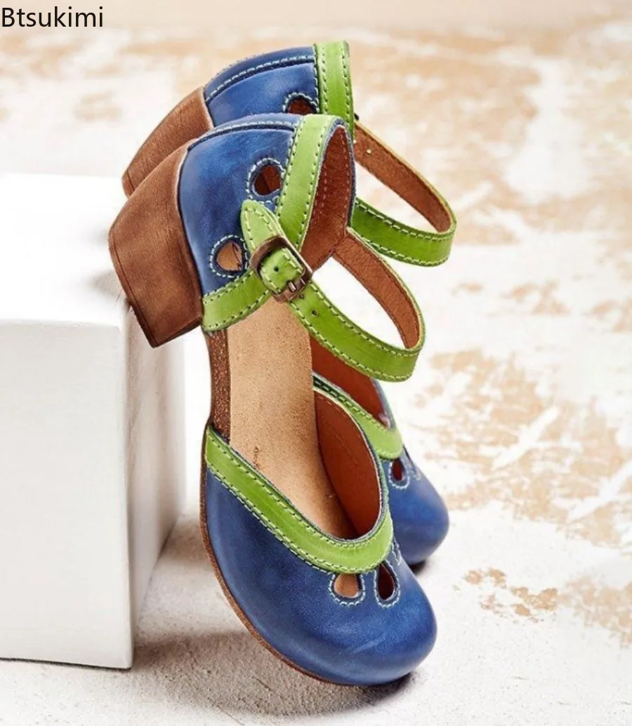

2025 Women's Summer Shoes Mid Heel Hollow Out Casual Sandals Elegant Retro Pumps Ankle Color Block Buckle Straps Female Sandals