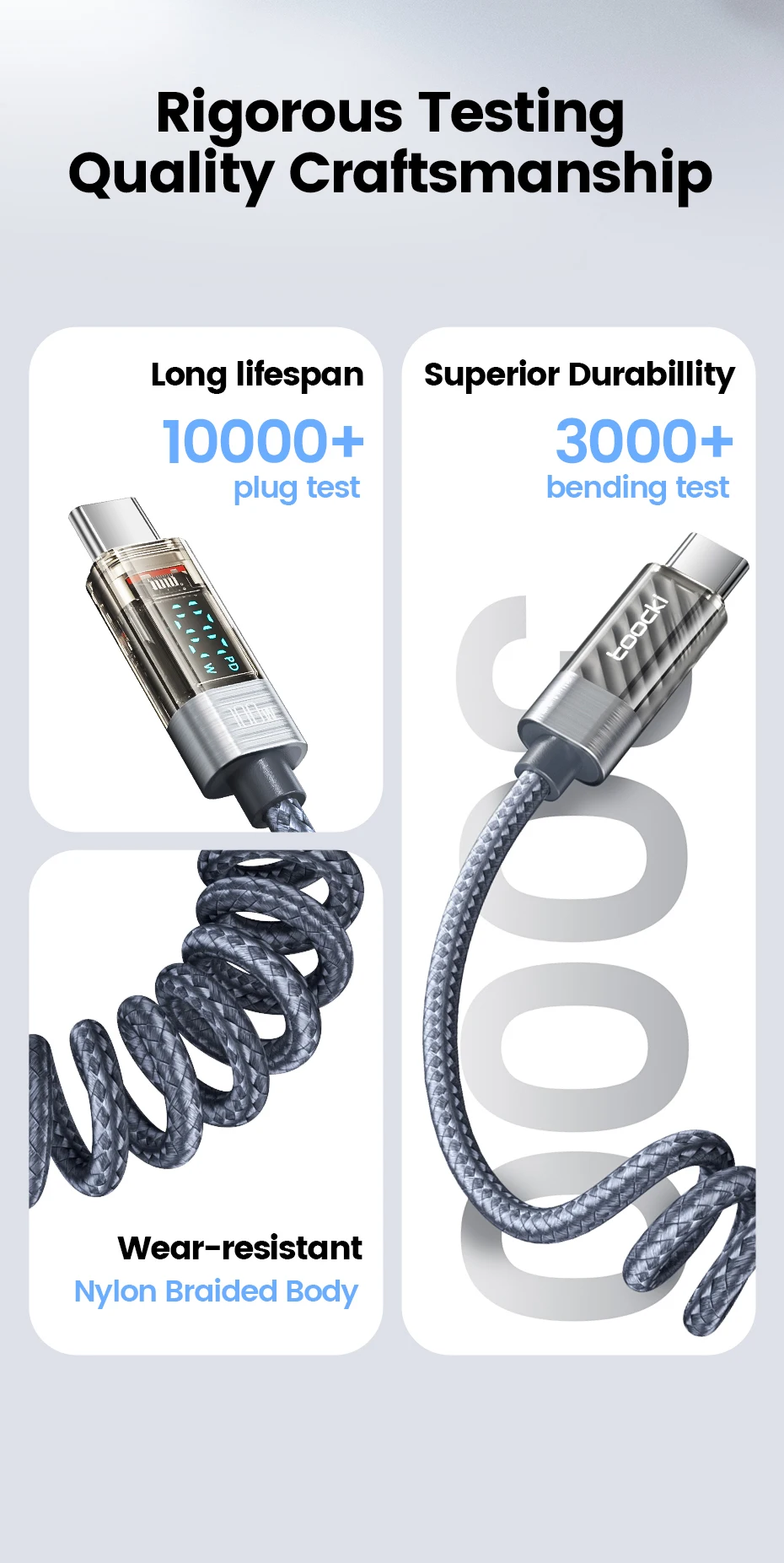 Toocki 100W PD Spring Coiled USB‑C to USB‑C Cable For Macbook iPad Samsung Galaxy Huawei Fast Charging LED USB Type C Data Cord