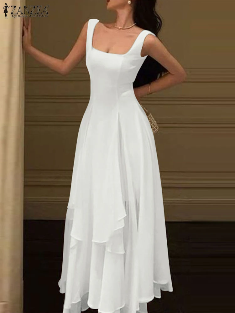 

ZANZEA Women Elegant Ruffled Dress 2025 Summer Sleeveless Square Collar Sexy Maxi Sundress Casual Solid Long Vestidos Party Robe