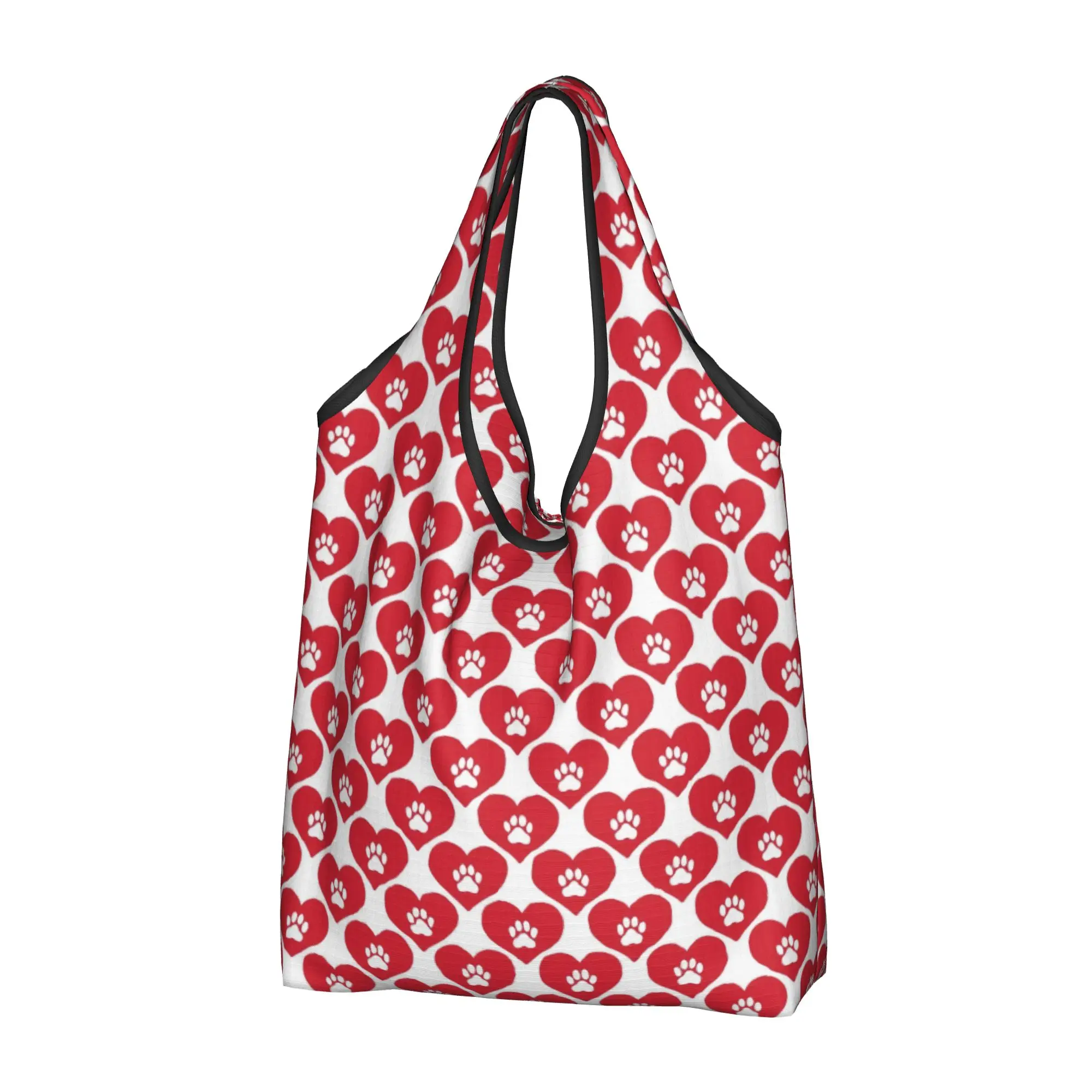 Dog paw Footprint Seamless Pattern Heart Grocery Shopping Bags Fashion Shopper Tote Shoulder Bags  Cute Animal Dog Lover Handbag