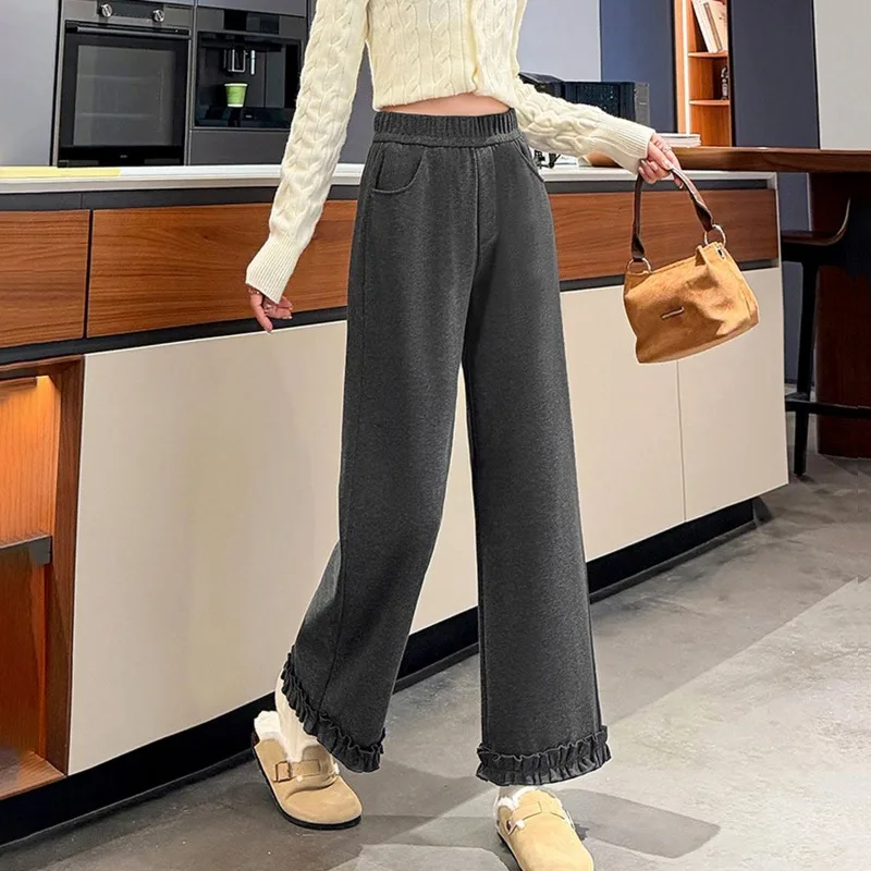 Women High Waist Fleece Lined Wide Leg Pants Ruffle Hem Loose Straight Trousers Autumn Winter