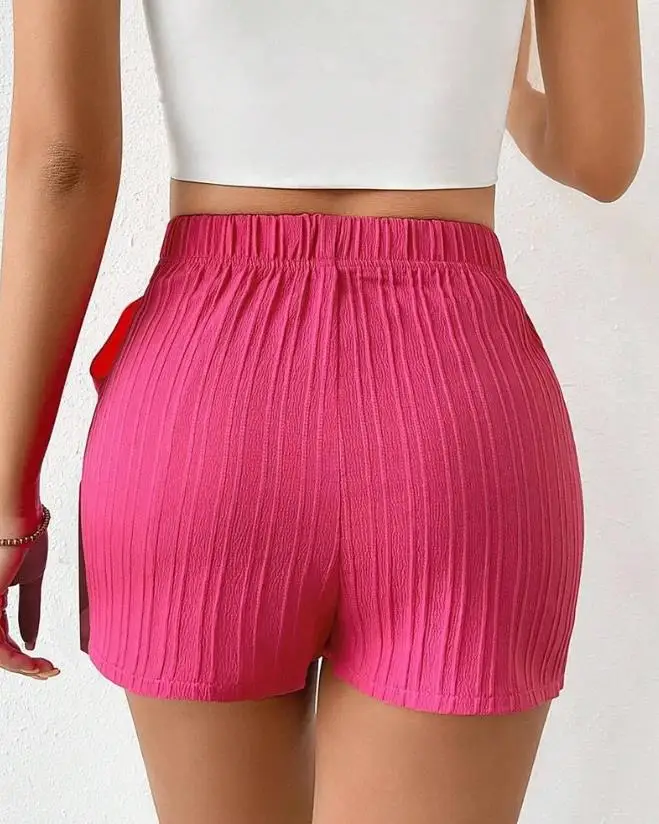 Women\'s Fashionable Simplicity High Quality Shorts Pink Bowknot Decor Casual Textured High Waist Skorts Fresh and Sweet Style