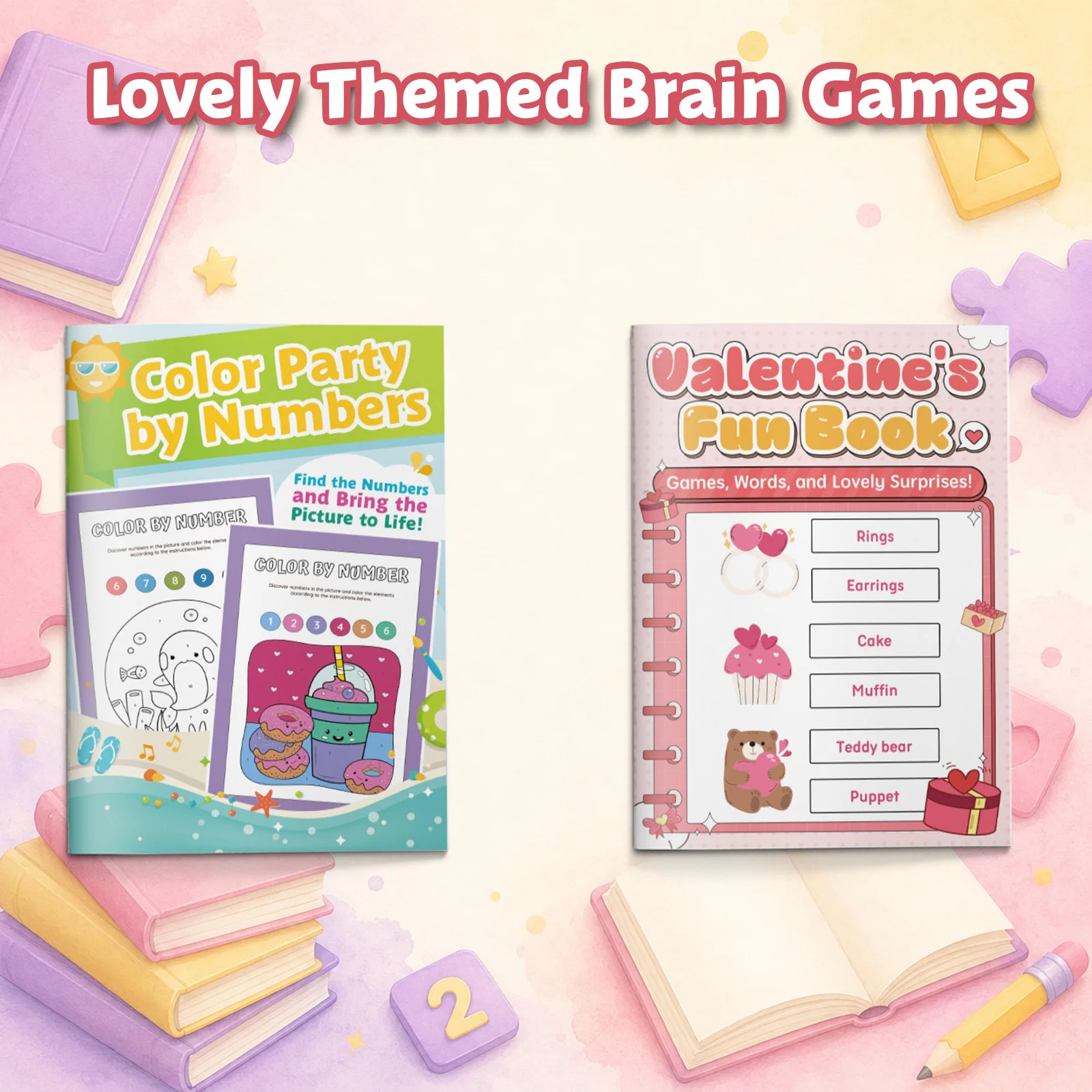 2-Book Valentine’s Day Activity Set for Kids: Valentine’s Fun Book & Color Party by Numbers, Matching, Counting, Vocabulary