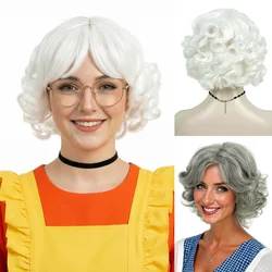 REEWES Old Lady Costume Wig Granny Grandma White Grey Short Curly Synthetic Hair Mrs Claus UnderSea Witch Wig For Daily Part