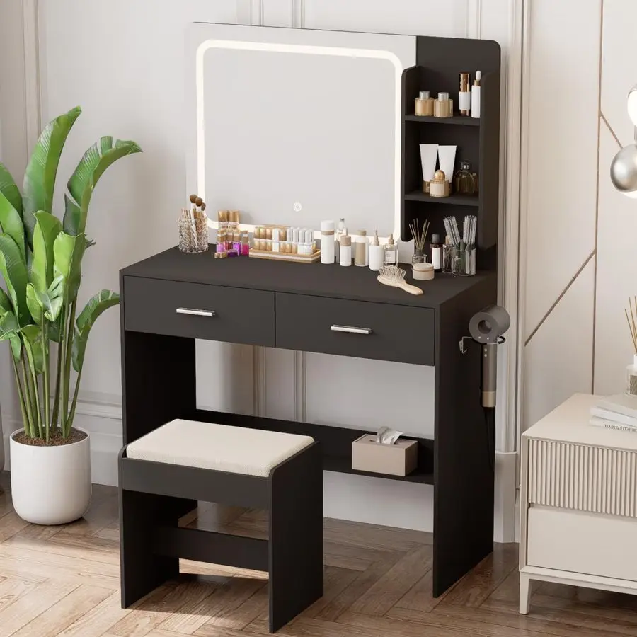 

Туалетный столик с зеркалом с подсветкой и электрической розеткой, 2 полки, 2 выдвижных ящика, нижнее отделение для хранения, в комплекте с мягким стулом, черный.