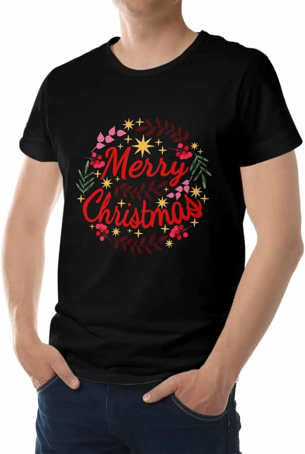 Men's T-Shirt, Novelty Graphic T-Shirt Red Merry Christmas Berry Leaves Cotton Crew Neck Men's Short