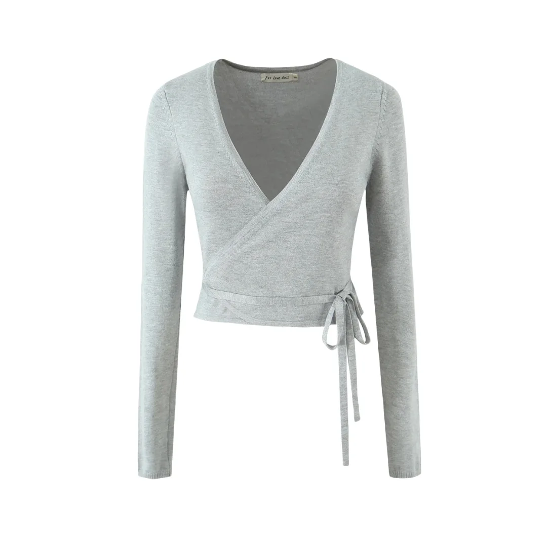 Women Whisper Long Sleeve Knitted V neck Wrap Top Cropped