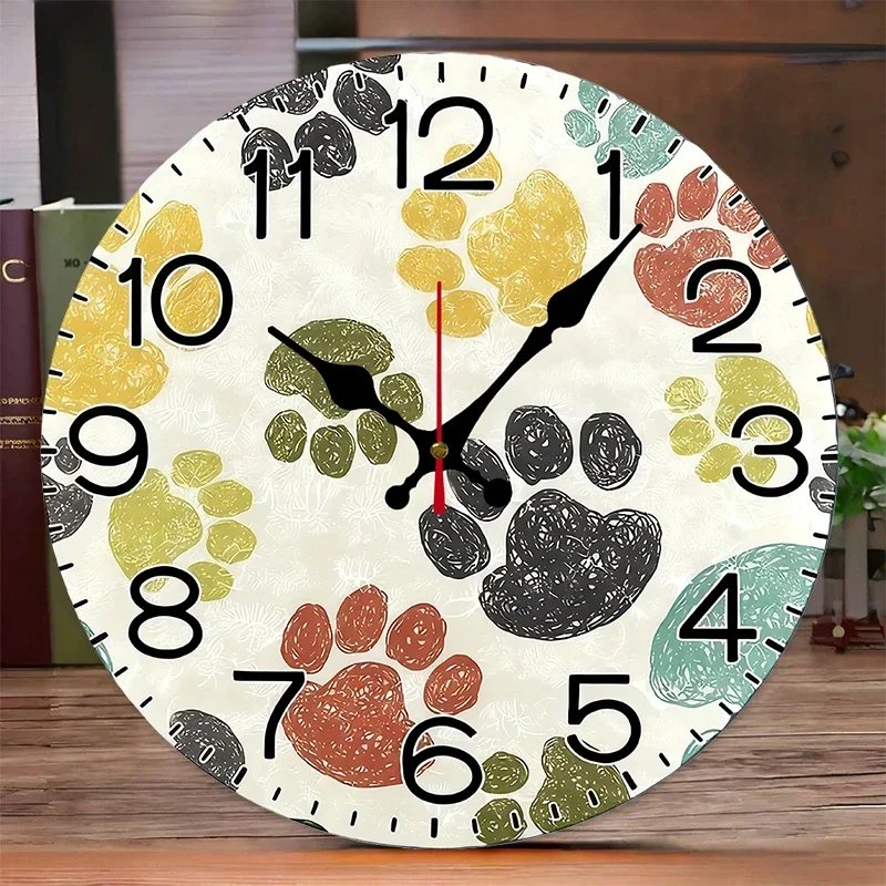 Colorful Cute Paw Wooden Round Silent Hanging Wall Clock, Suitable For Living Room, Office, Study Room, Bedroom, Home Decoration