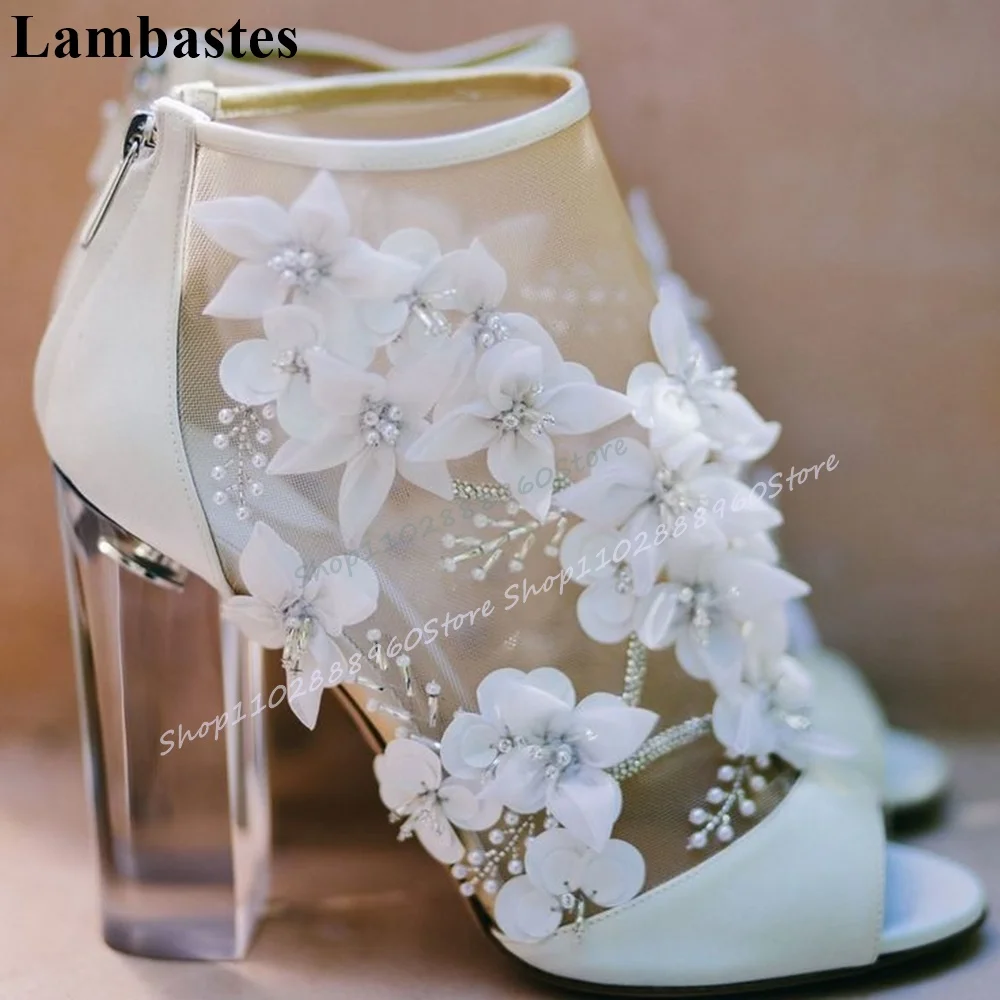 

White Air Mesh Flower Decor Clear Heel Sandals Chunky High Heel Shoes For Women Back Zipper Peep Toe 2025 Zapatos Para Mujere