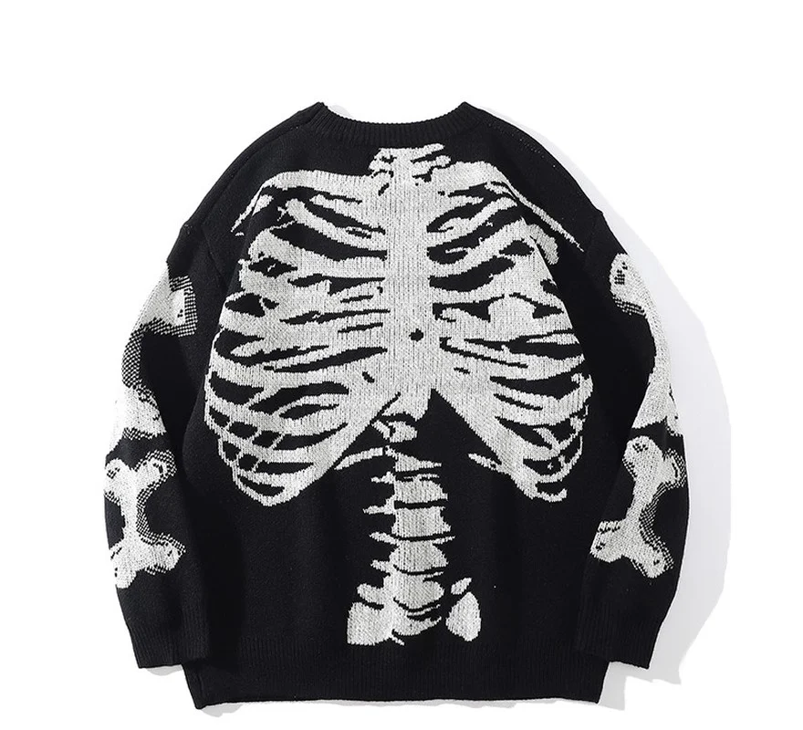 Men Loose Sweaters Black Skeleton Bone Print Pullovers Women Vintage Retro Knitted Sweater Autumn Cotton Pullover Unisex 3XL