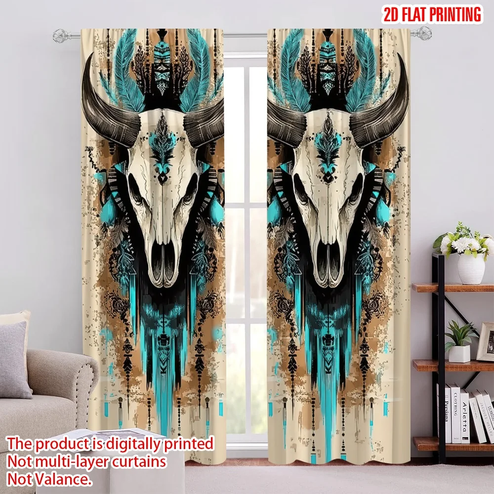 

2Pcs Bohemian Chic Gemstone Cow Skull Print Curtains Vintage Medieval Style Easy Hang Rod Pocket Design Living Room