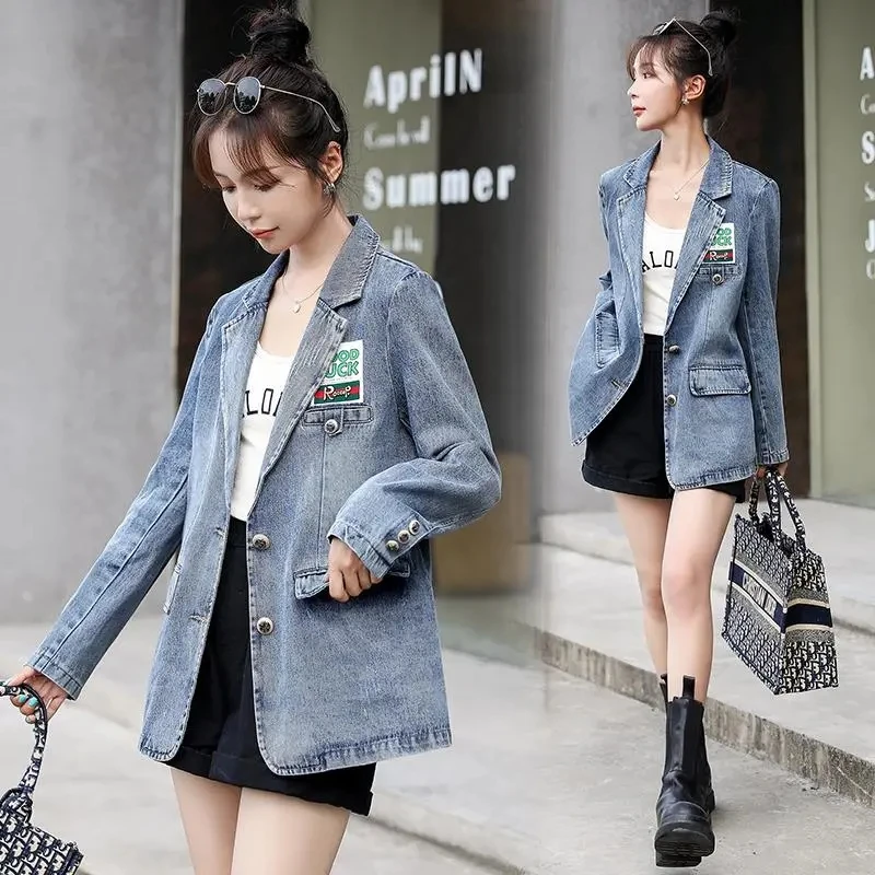 

2024 New Vintage Hong Kong Style Denim Jeans Spring Autumn Women Fashion Denim Blazer Suit Coat Korean Slim Blazers Outwear tops