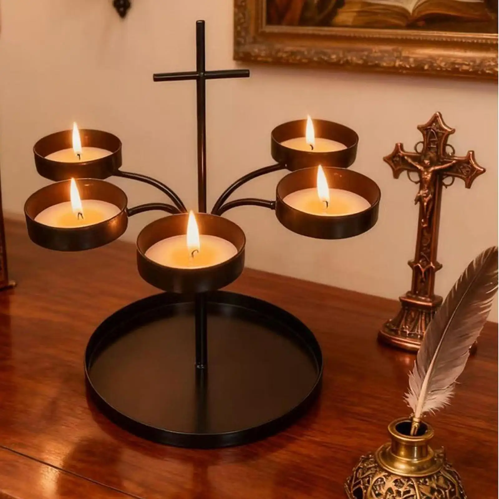 

Five Arm Iron Candle Holder Pillar Candelabra for Luxury Home Centerpiece Black Candlestick Decoration Indoor Living