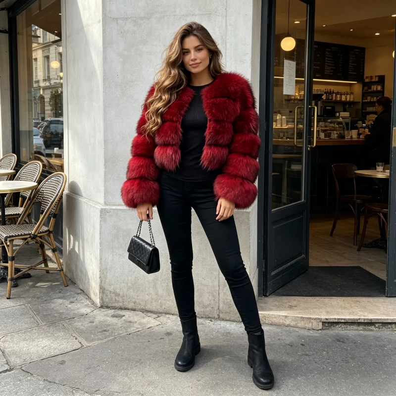 Women Faux Fur Jackets Short Coats Thick Warm Y2k Streetwear Open Stitch Round Neck Splice Elegant Work Outerwear Autumn Winter