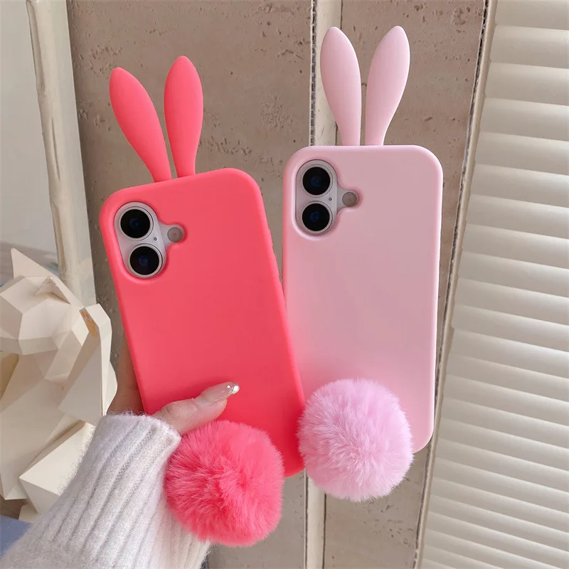 Niedliche einfarbige 3D-Cartoon-Kaninchen-Plüsch-Haarball-Handyhülle für iPhone 17, 16, 15, 14, 13, Pro Max, weiche, stoßfeste Silikonhülle