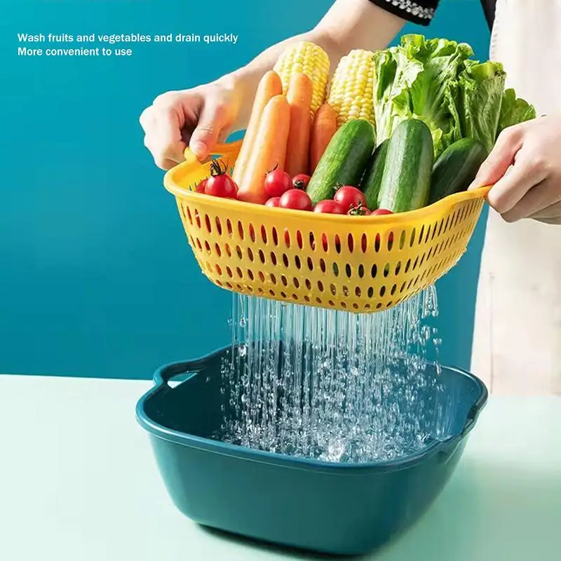 6Pcs Fruit And Vegetable Drain Basket Plastic Green Yellow Household Double-layer Storage Basket Kitchen Tools Drain Storage