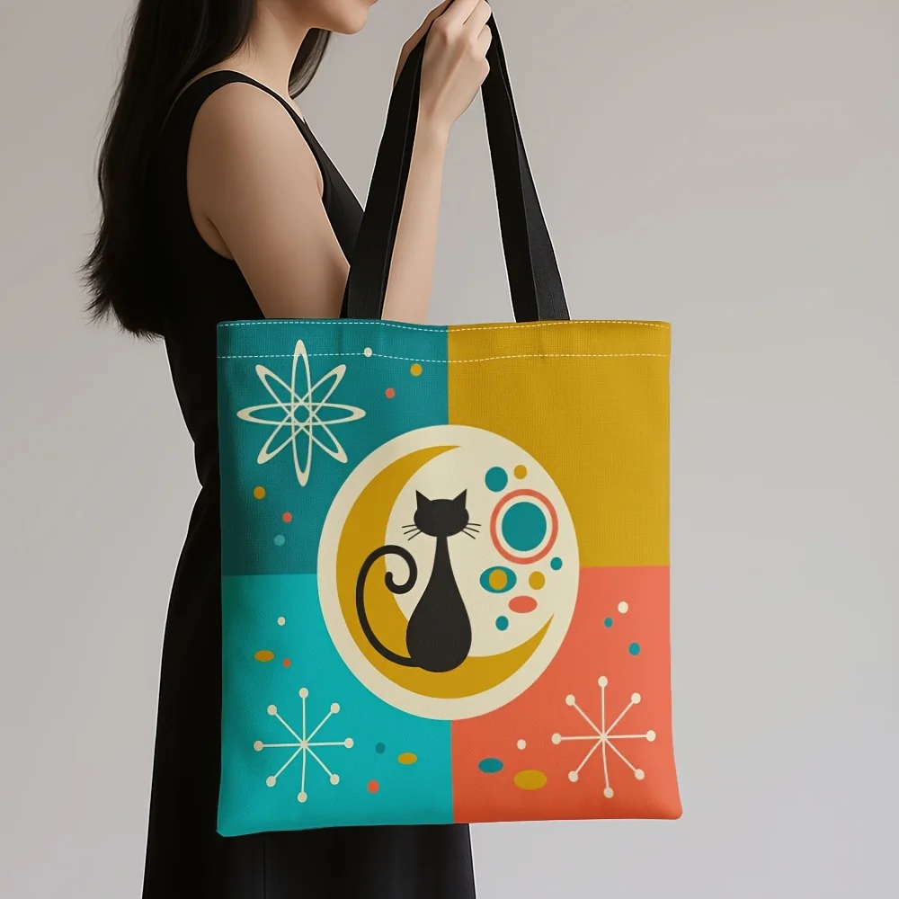 1pc Mid Tote Bag Spacious Grocery Bag Century Modern Wildlife Cat & Geometric Book-Friendly Design,for Travel Daily Use Gift