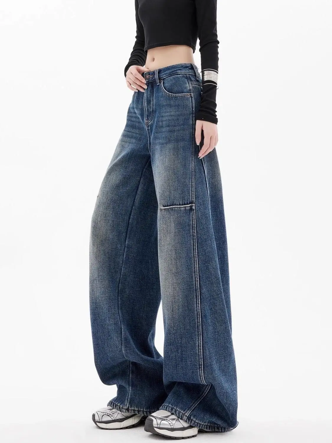 

American Retro Blue Wide-leg Jeans Women's High-waisted Slim-fit Simple Casual Loose Floor-length Pants Spring Autumn Oversize