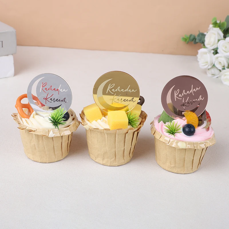 

5pc Eid Mubarak Ramadan Kareem Acrylic Cake Topper Round Mirror Finish Gold/Rose Gold/Silver Muslim Festival Party Dessert Decor