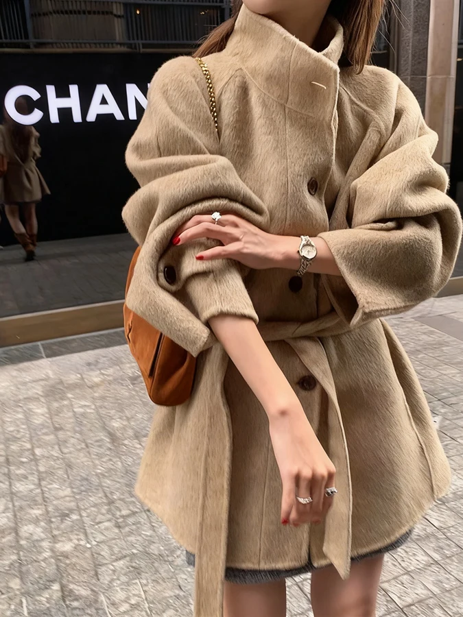 

Женское двустороннее шерстяное пальто в корейском стиле с воротником-стойкой на пуговицах, утепленное, осеннее