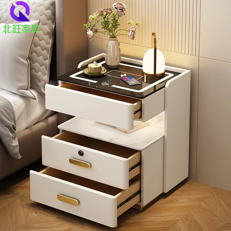 Smart bedside table simple modern light luxury high-end home bedroom with lamp new installation-free solid wood bedside cabinet