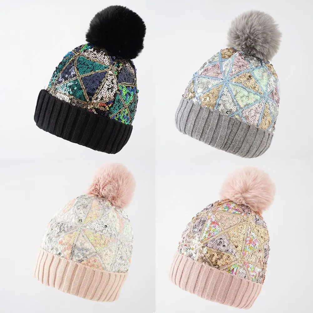 Sequin Women Warm Beanies Hats Casual Removable Plush Ball Pullover Yarn Hat Keep Warm High Elasticity Knitting Cap