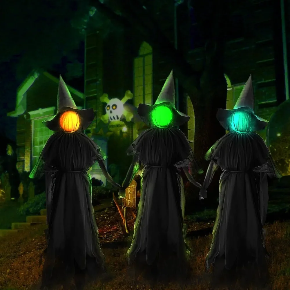 Halloween Decorations Outdoor - 3 Witches Holding Hands, Lighted Halloween Witches Garden Stake, Sound-Activated Sensor