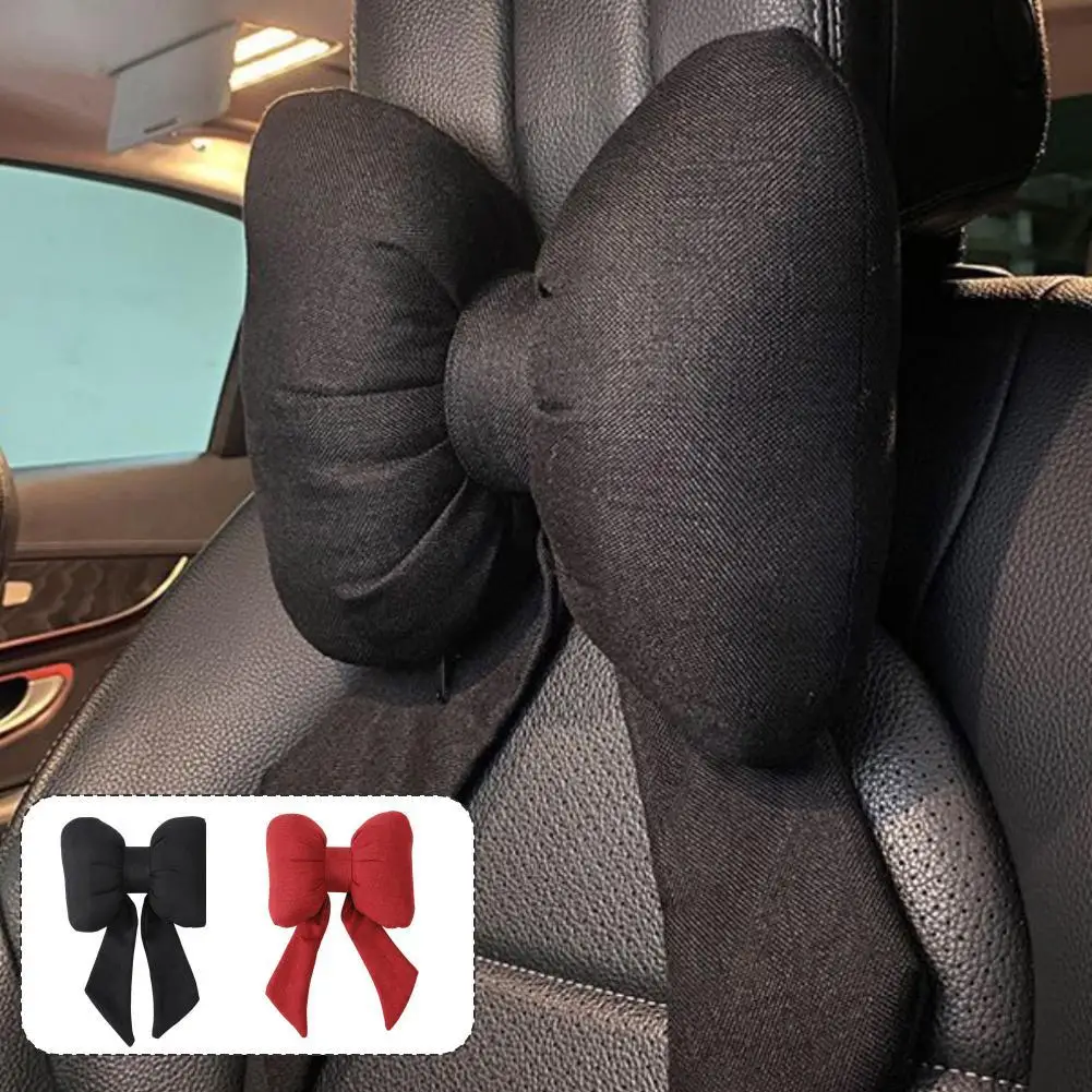 28*22cm Streamer Cotton And Linen Bow Headrest Neck Back Seat Winter Autumn Support And Pillow Cute Cushion Car Lumbar G7D4