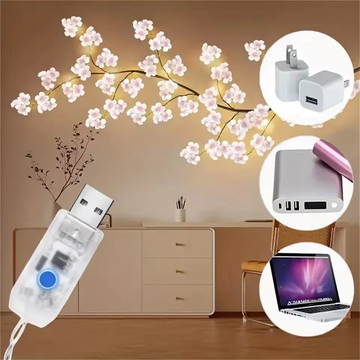 72 Led Cherry Blossom USB Tree Branch Rattan Lights 8 Modes