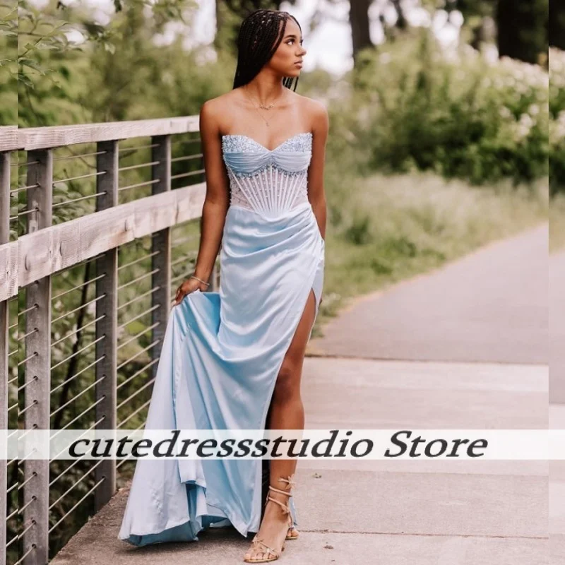 Hellblaue Meerjungfrau High Split Abendkleider mit Luxus Perlen afrikanisches langes Abendkleid Hochzeit Party Kleider Frauen angepasst