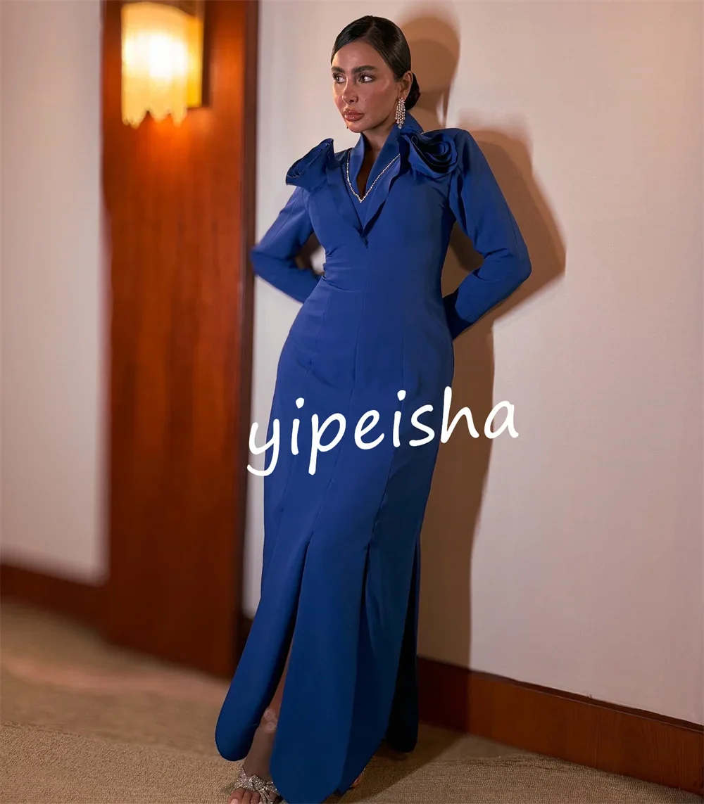 Personalizado de alta qualidade jérsei plissado flor em linha reta com decote em v midi vestidos de baile clássico requintado estilo moderno chine