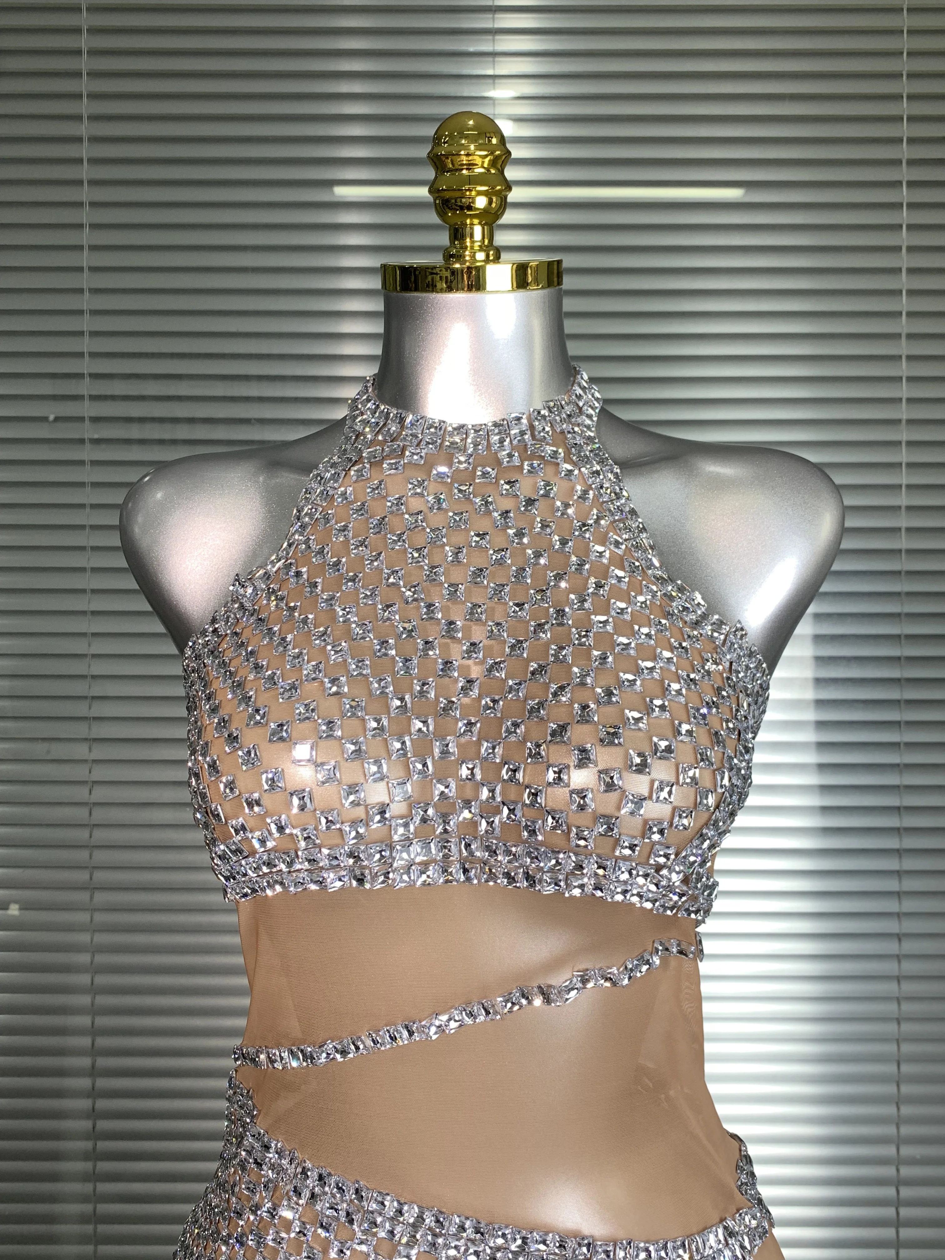Minivestido de fiesta para mujer, traje Sexy de malla transparente de cristal para actuación en escenario, bailarina, cantante, Club nocturno, celebridad