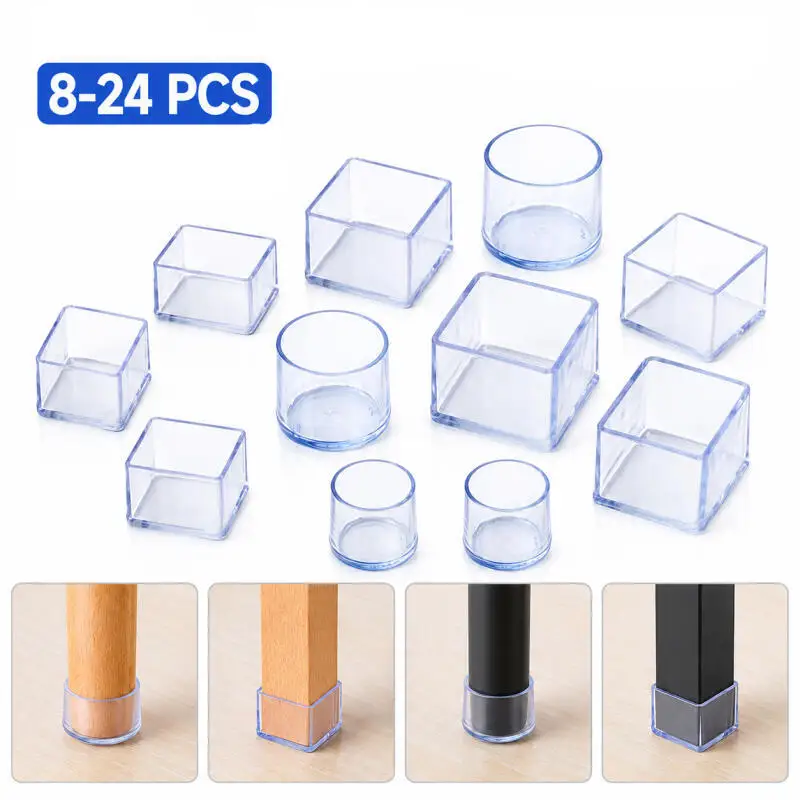 8-24pcs Silicone Chair Leg Pad Round Square Furniture Leg Table End Plug PVC Silent Anti-slip Floor Protection Cap Foot Cover