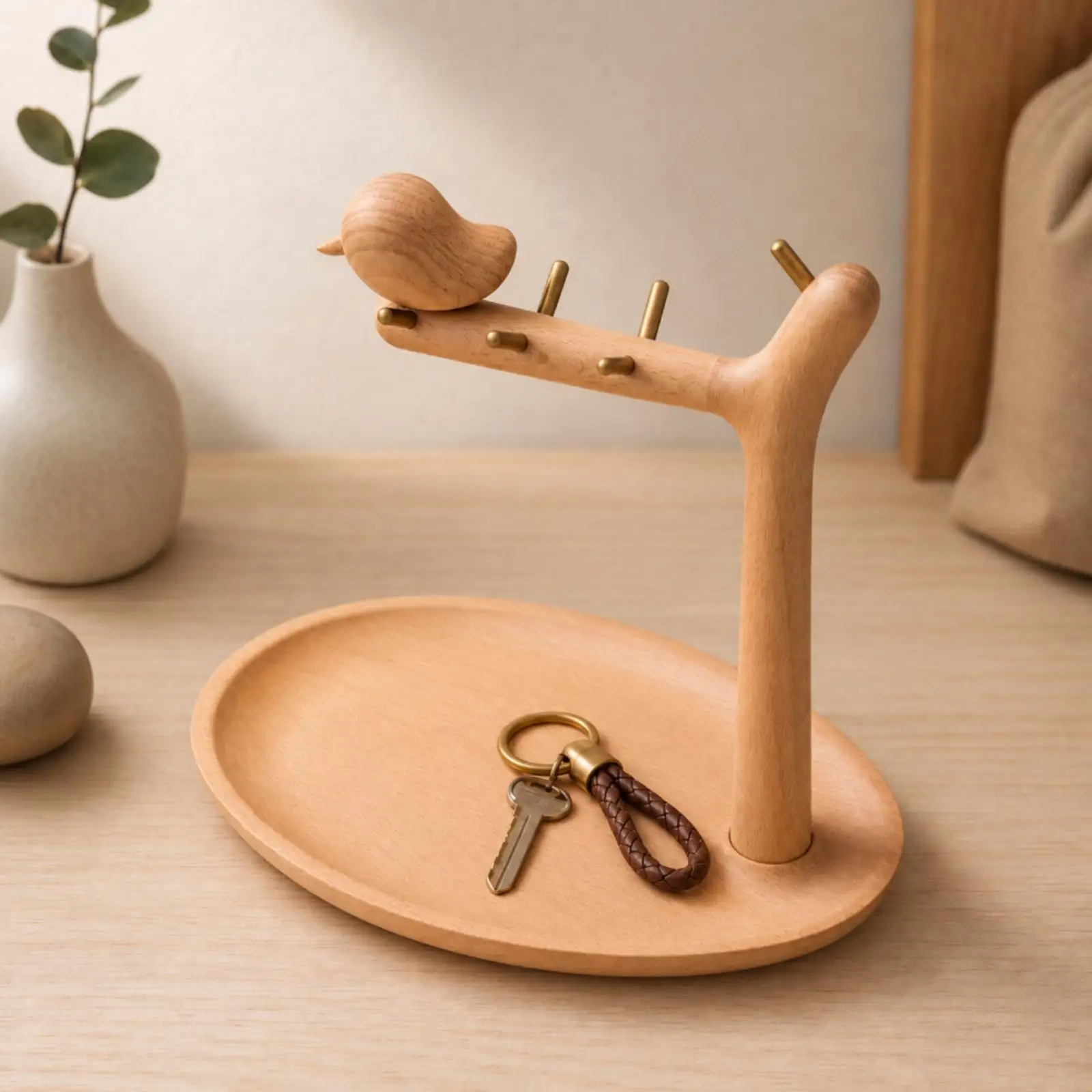 Wall Mounted Storage Rack Beech Wood Organizer Shelf with Hanging Branch for Desk Accessories Keys Cosmetics