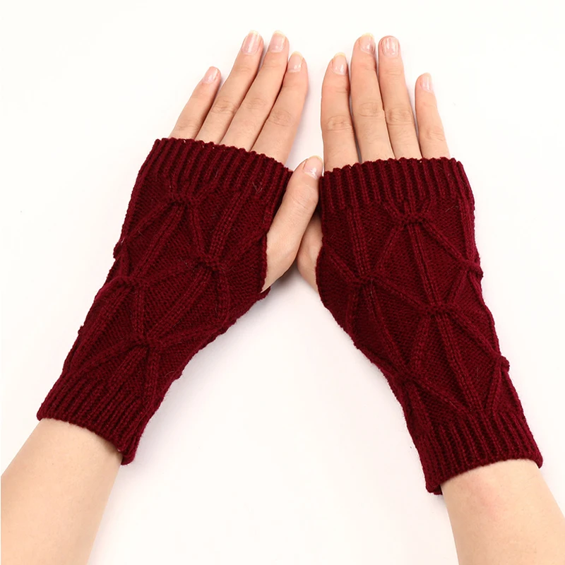 

Winte Half Finger Gloves Mittens Rhombic Knitted Hand Warmer Short Arm Sleeve Solid Color Elastic Fingerless Gloves For Women