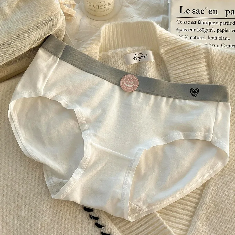 SP&CITY Love Heart Print Cotton Underwear for Women Mid Waist Sweet Breathable Seamless Panties Sports Comfort Soft Daily Briefs