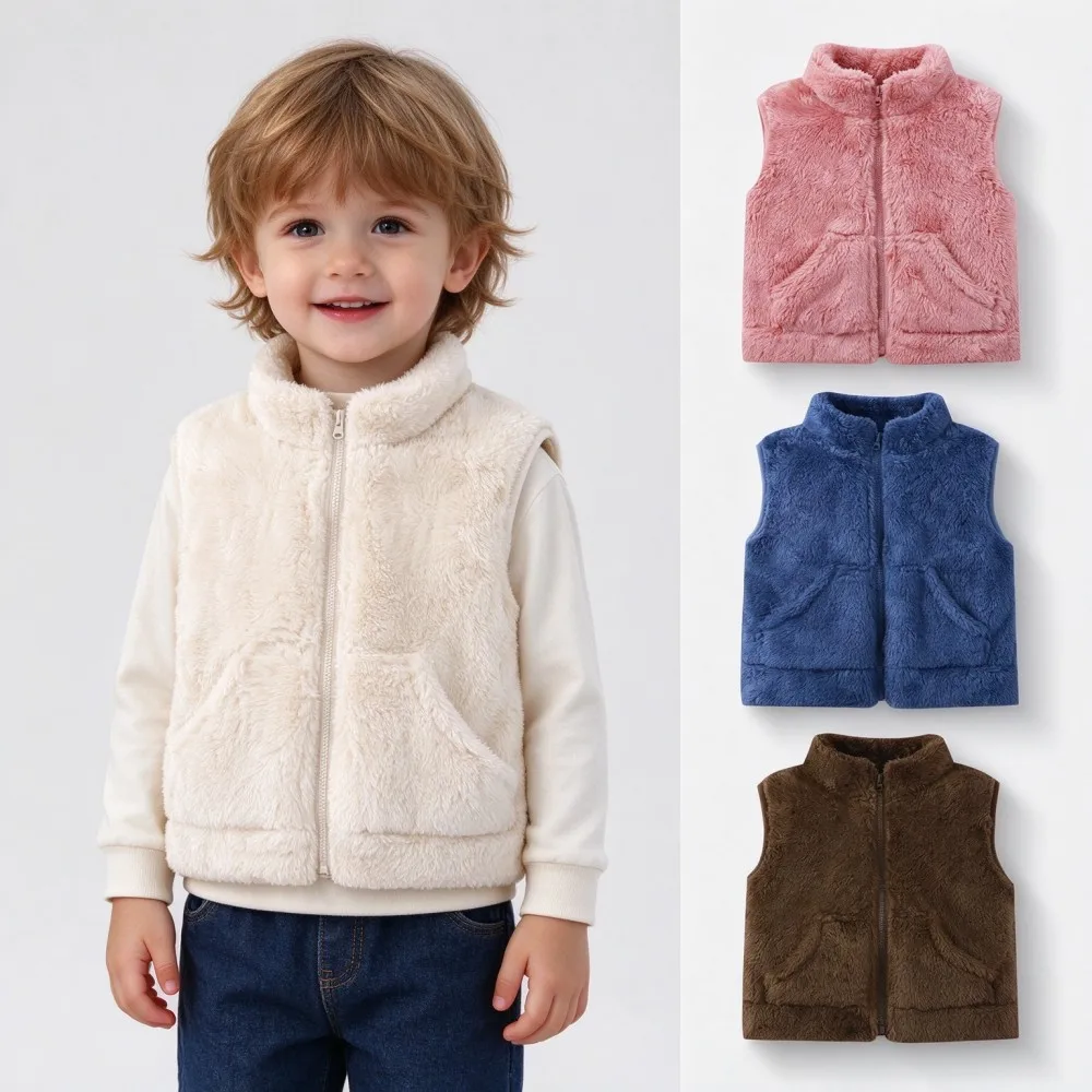 Autumn Winter Baby Plush Vest Stand Collar Zipper Sleeveless Gilet Infant Boys Girls Fluffy Fleece Waistcoat Warm Outer Clothes