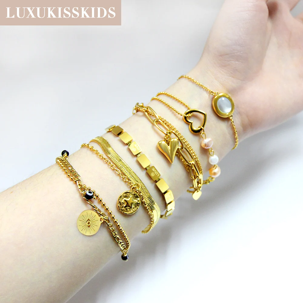 LUXUKISSKIDS Vintage Boho Stainless Steel Bracelets For Woman Elegant Ornament Heart Charms Bead Hand Golden Jewelry Statement