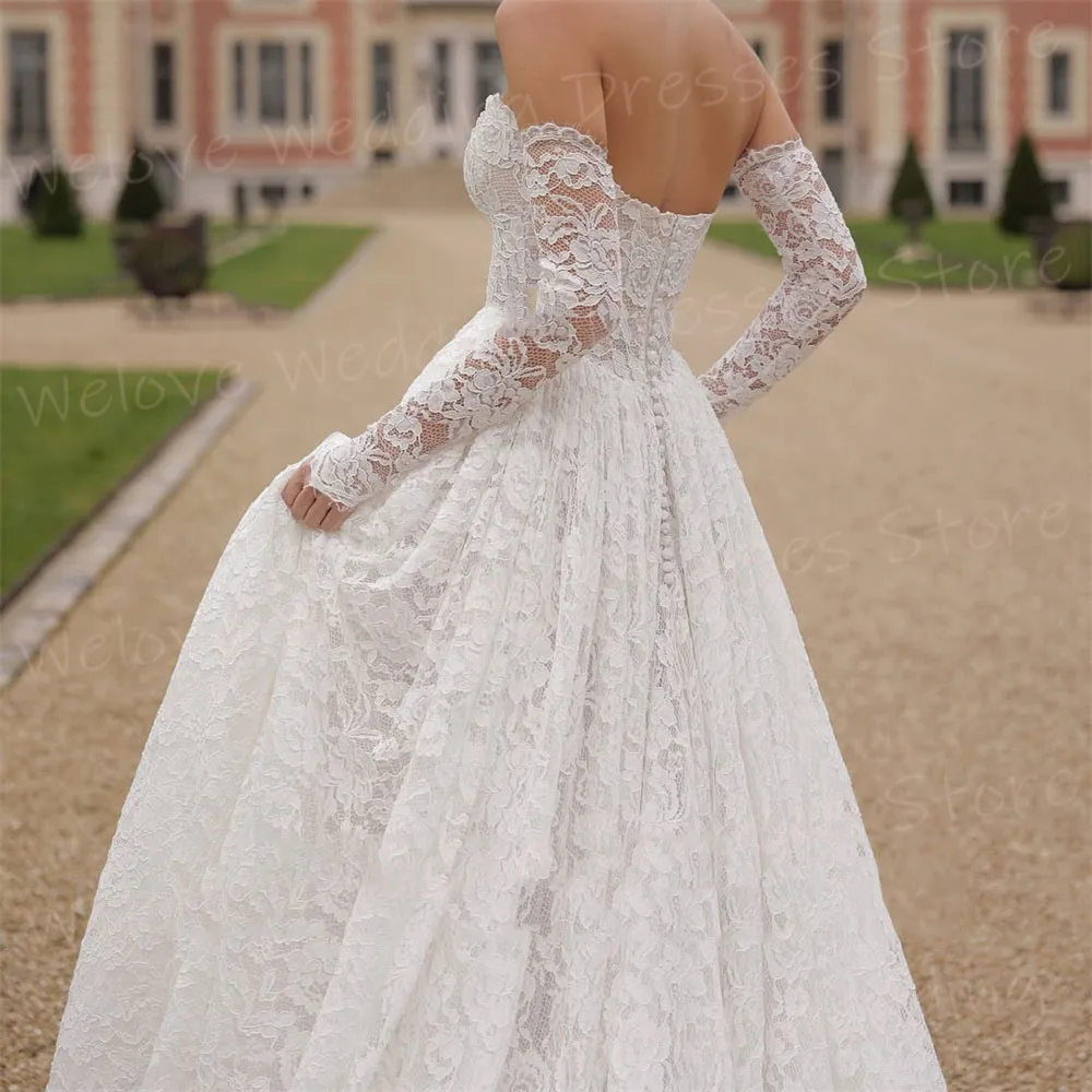 Luxurious A Line Women's Wedding Dresses Backless Lace Vestidos De Novias De Boda Customized Bride Gowns Long Sleeve Vestidos
