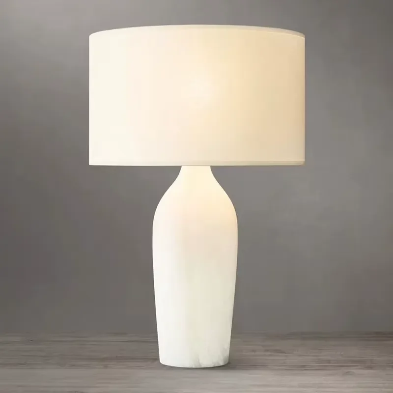 Natural Stone Alabaster Table Lamp with Textured Linen Shade Organic Minimalist Bedside Light for Living Room Home Decor