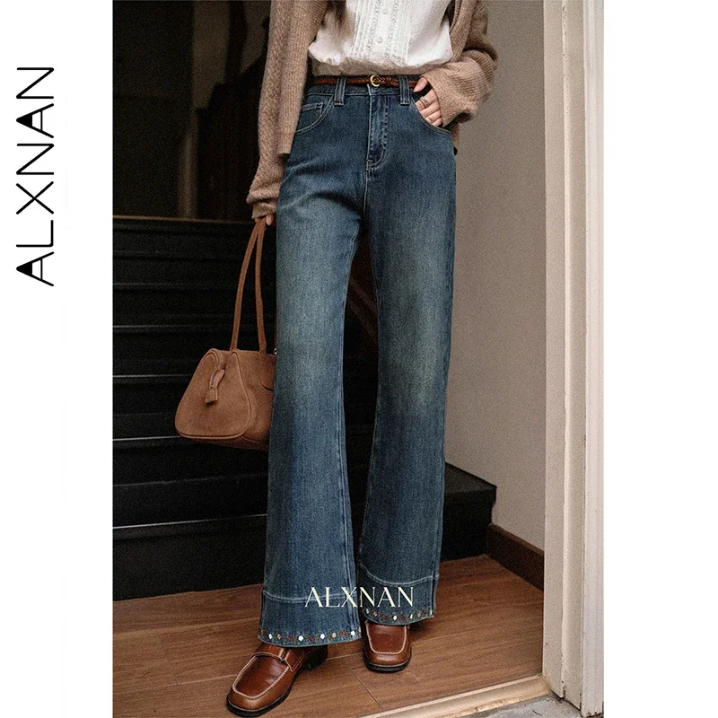 ALXNAN Women's Embroidered Jeans Vintage Blue Straight Narrow Wide-leg Cotton Denim Pants Autumn High-waist Baggy Pants L569177